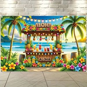 Aloha Hawaiian Tiki Bar Backdrop Banner, Tropical Luau Beach Party Photo Booth Background, Summer Pool Party Decor