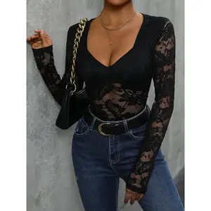 Sexy lace patchwork jumpsuit for women, square-neck long-sleeve one-piece, slim-fit summer fashion, best-selling style GARMENTARY