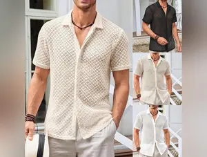 Summer Mesh Short Sleeve Shirt Fashion Solid Color Lapel Shirt Tops Beach Men Clothing
