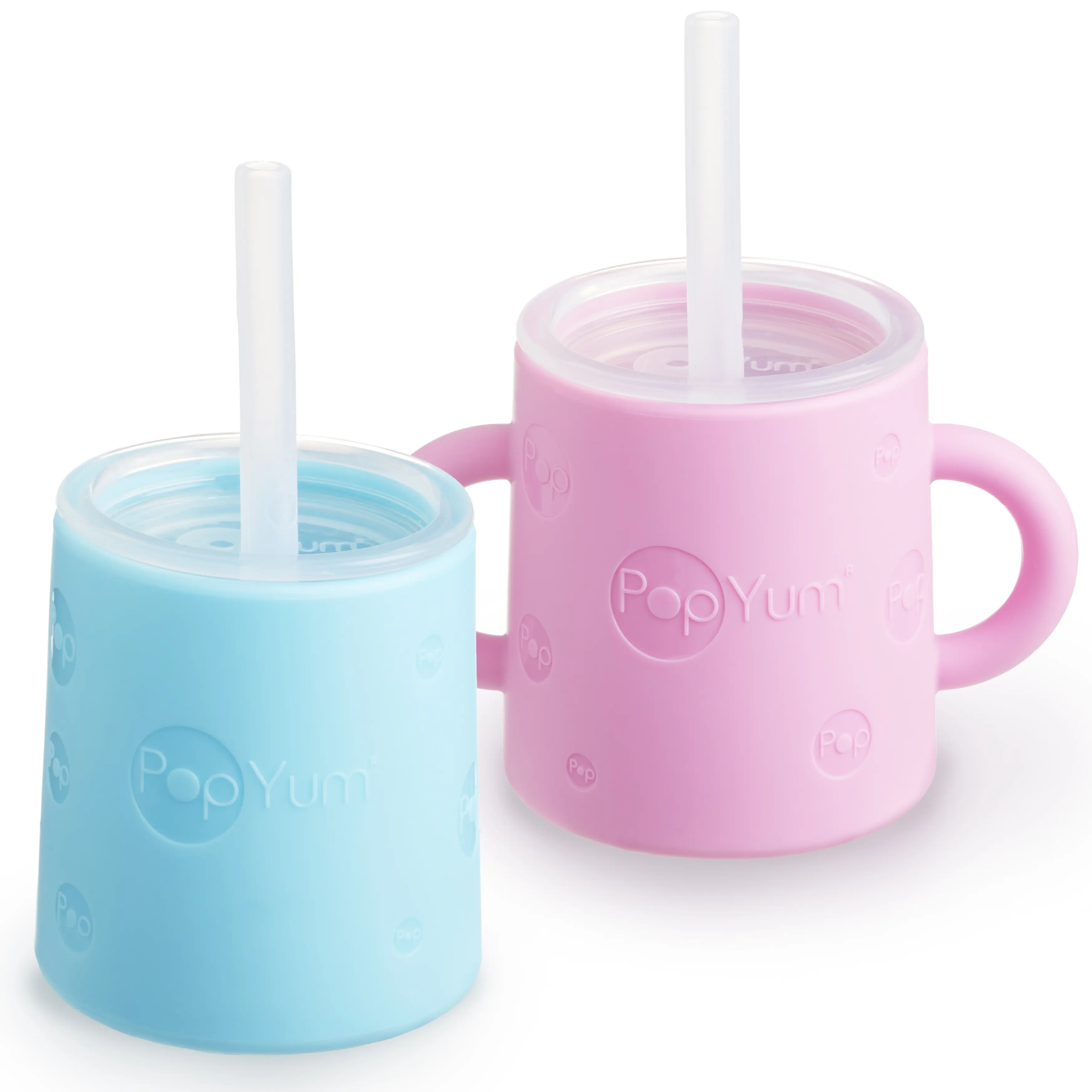 PopYum Silicone Training Cup with Straw and Lid, 2-Pack for Baby and Toddler, Tumbler, Sippy, handles, 5 ounce (blue and pink)