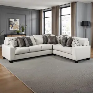 SM1252 2 pc Millburn white woven fabric sectional sofa with wide track arms mulitple throw pillows
