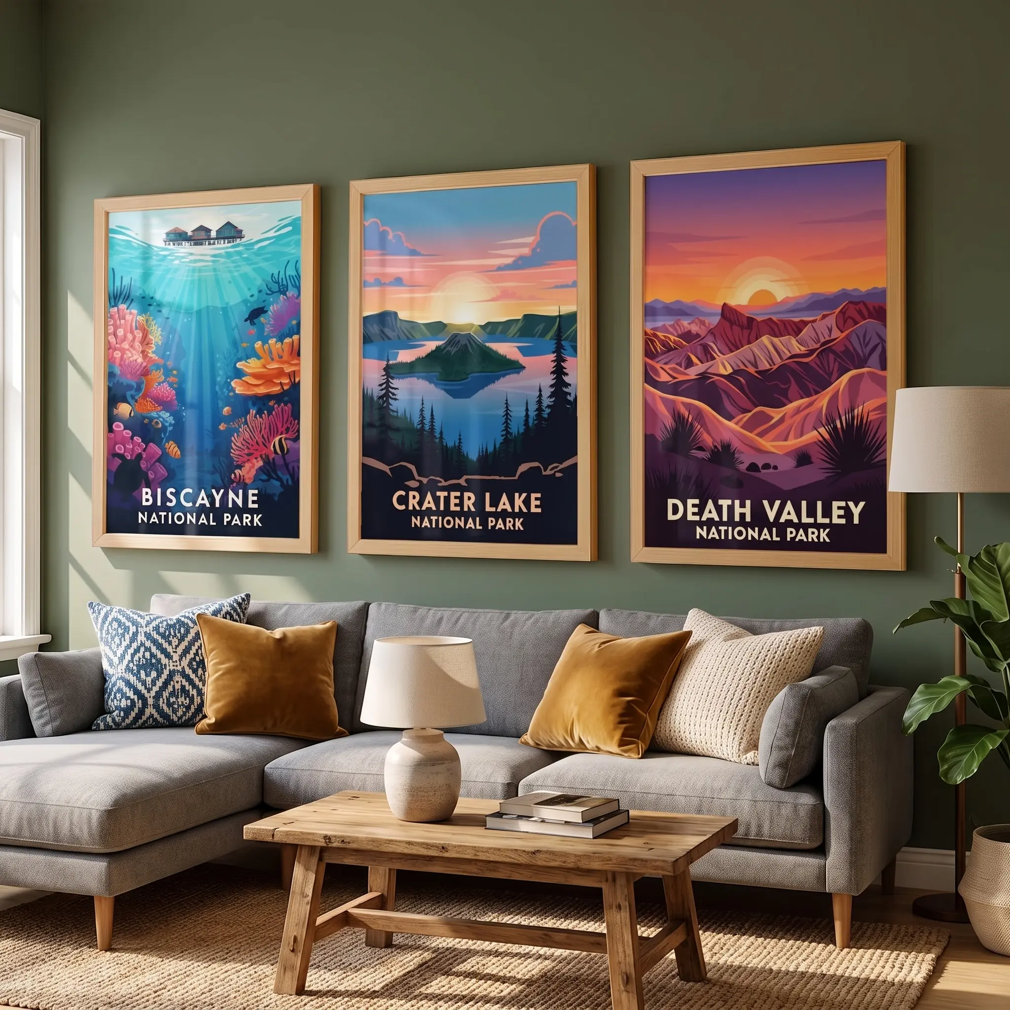 Set of 3 National Park Glossy Posters, Biscayne Crater Lake Death Valley Wall Art, Vintage Travel Prints, Scenic Landscape Home Decor Gift