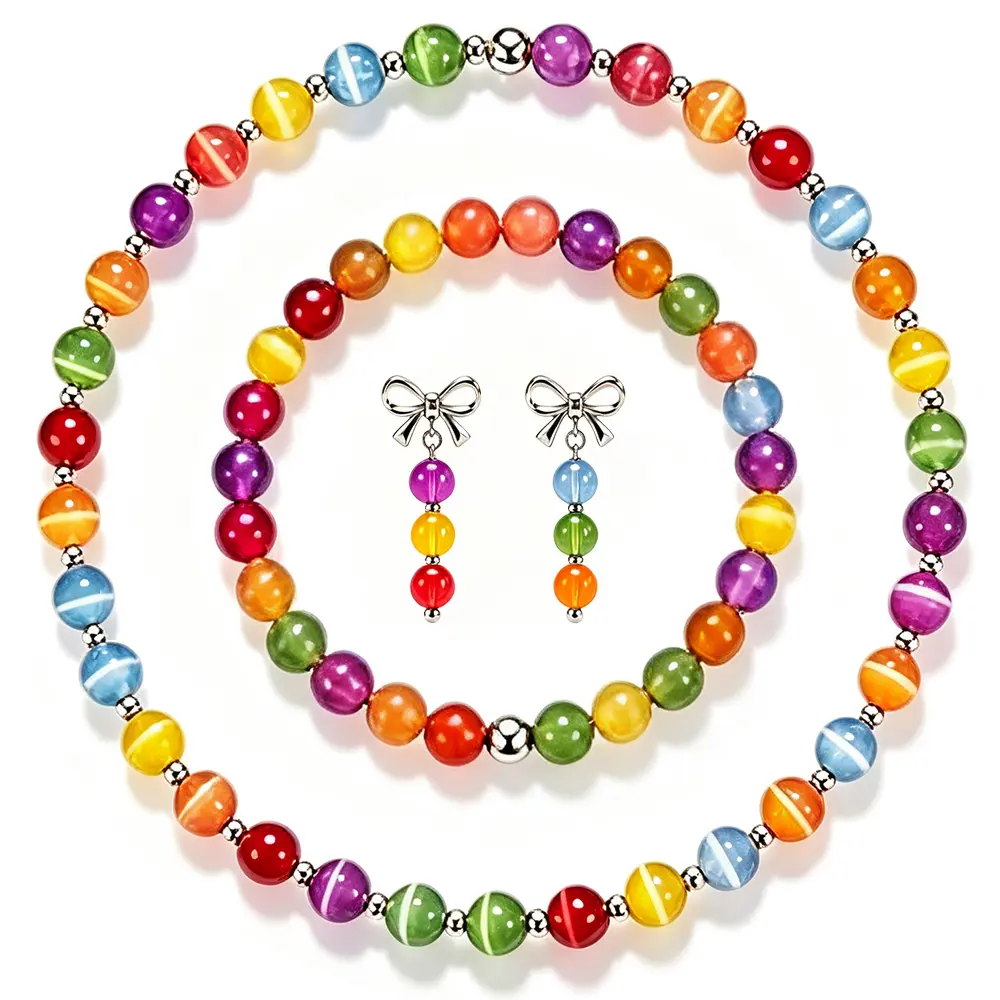 4pcs Dopamine Jewelry Set for Women - Color-Changing Rainbow Beads Necklace & Bracelet & Earrings, Boho Resin Beads Suitable for Daily Wear, Parties, Music Festivals, Bohemian Gifts, Year-Round