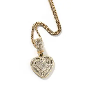 Light Luxury Copper Cuban Chain Pendant Necklace, Hip Hop Heart Charm with Zircon