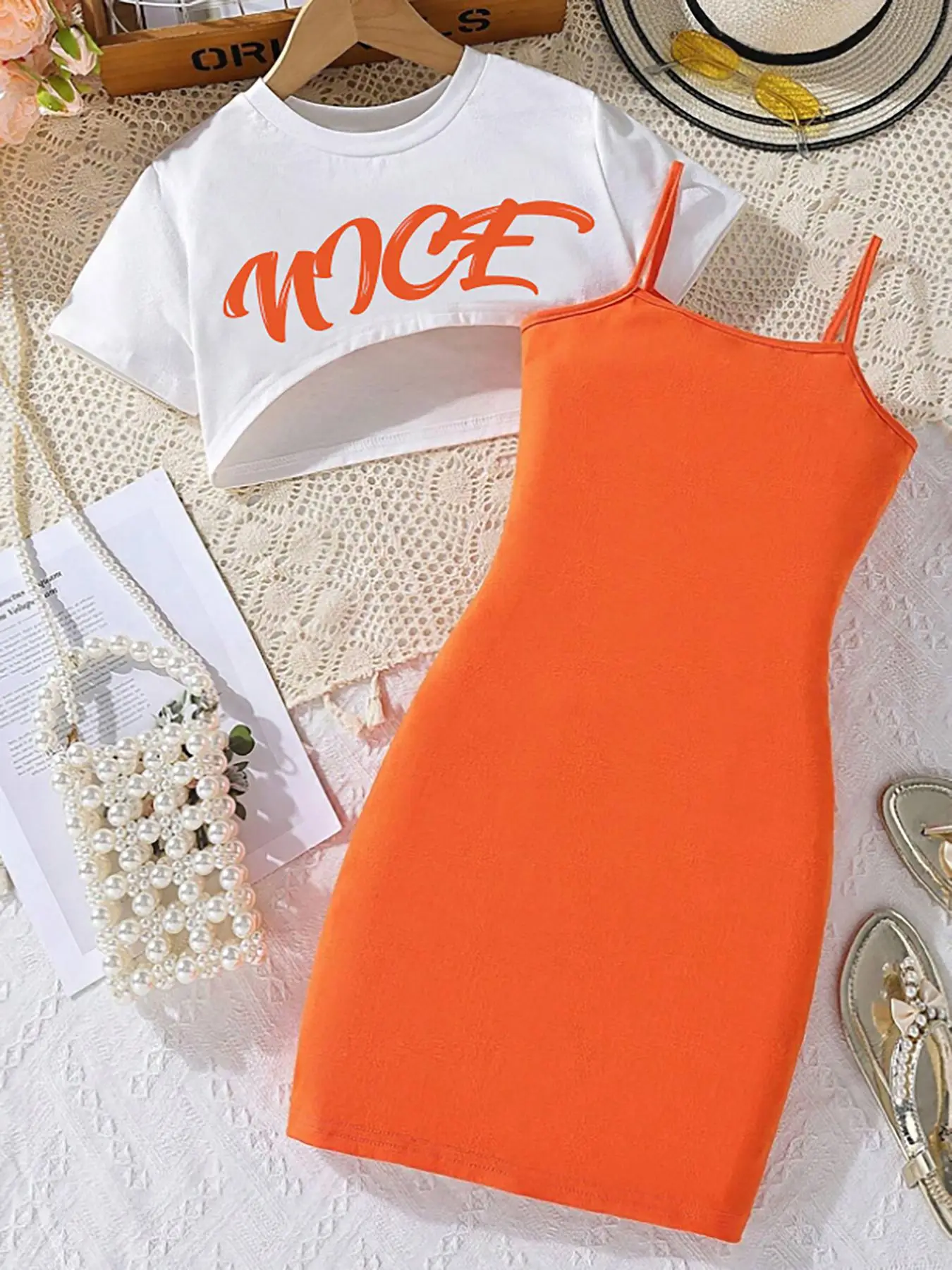 Girl's Letter Print Tee & Plain Cami Dress Two-piece Set, Casual Fashion Cozy Round Neck Short Sleeve Top & Dress for Daily Outdoor Wear, Kids Clothi