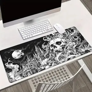 Gothic Castle Skull Desk Mat, Haunted Cathedral Moon Mouse Pad, Black White Ink Horror Gaming Desk Mat, Dark Fantasy Scene Mat