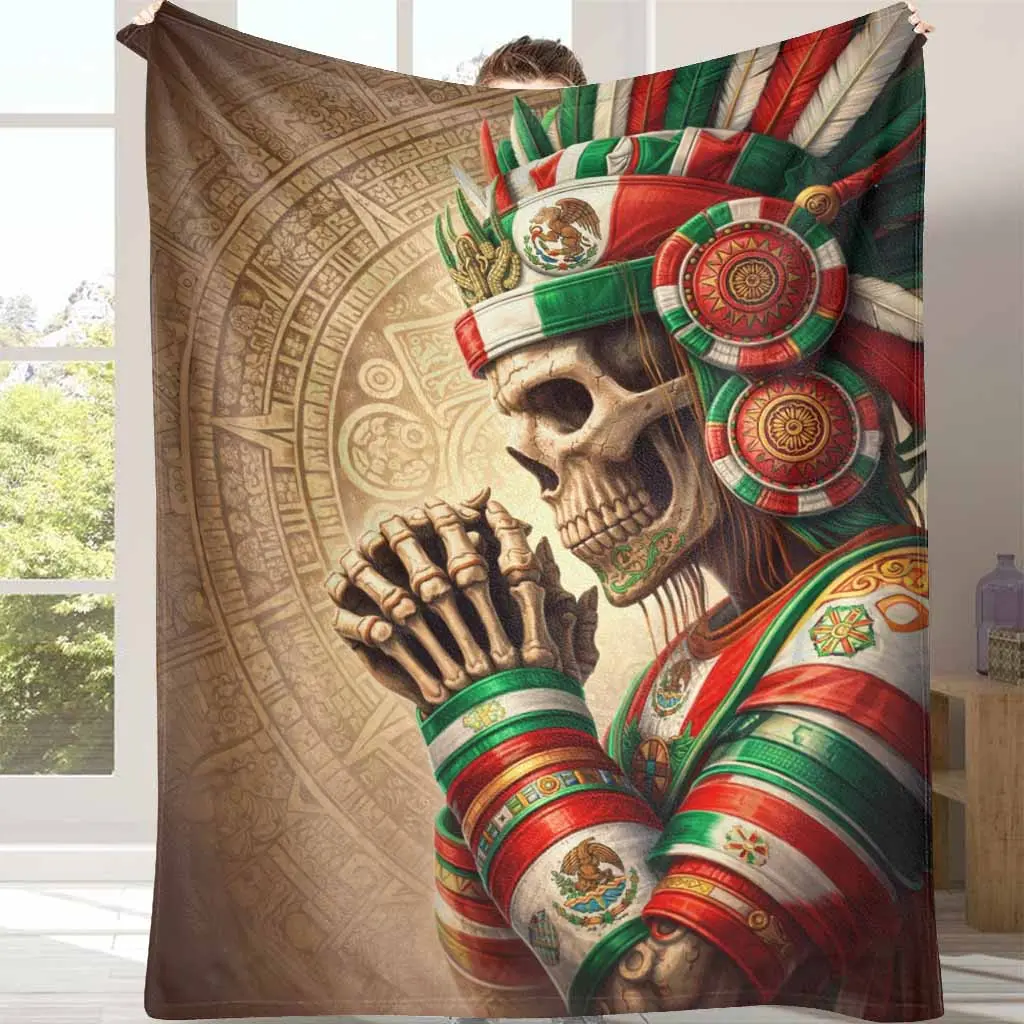 Mexican Aztec Warrior Flannel Blanket Throw - Vintage Tribal Symbol Pattern, Soft Warm Breathable Lightweight Durable, 60x80in Large Adult Size, Cozy Decorative Sofa Blanket, Festival Gift