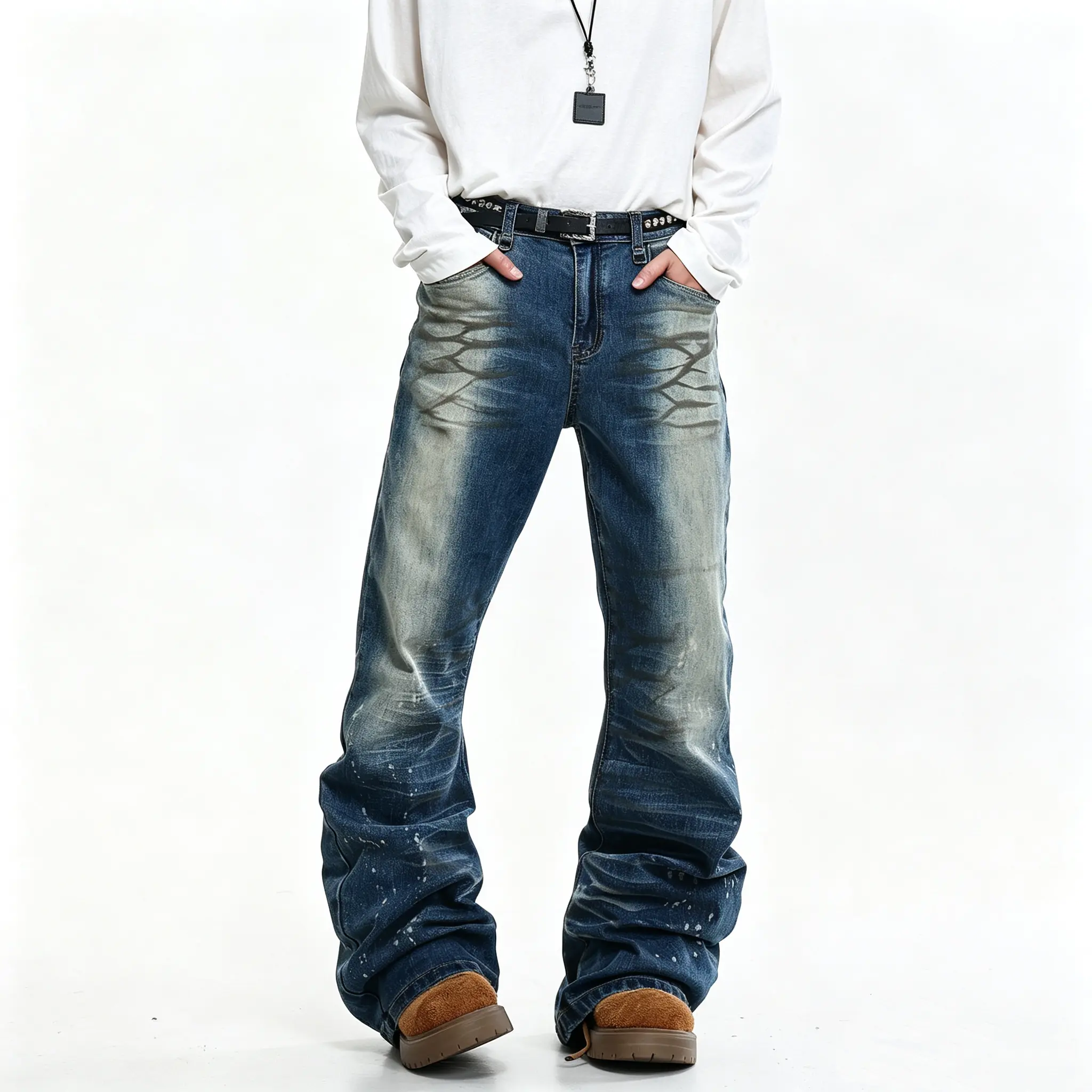 Men’s gradient fade ink-splatter claw print flared jeans, vintage washed wide bootcut denim street pants