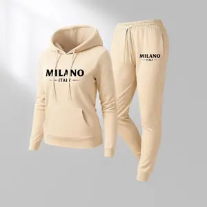 Women's MILANO City Print Hoodie And Drawstring Track Pants Set, Casual Sportswear, Long-Sleeved Hooded Jacket And Pants, Suitable For Autumn And Winter, Everyday Wear, Indoor And Outdoor Sportswear, Sportswear Set, Casual Sportswear.