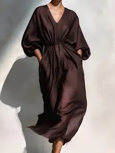 Women's Linen Long Sleeve Dress, V-Neck Lantern Sleeves, Waist Tie Vintage Loose Fit, Elegant Ruched Dress for Tea Parties