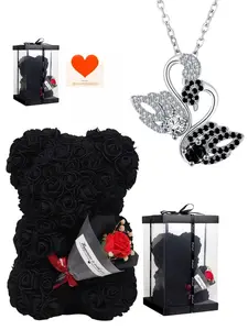 Double Swan Diamond Glow Luxury romantic black swan pendant necklace with sparkling gems. Comes with a preserved rose and teddy bear gift box, a charming gift for birthdays, Valentine’s Day, Mother’s Day and Christmas.