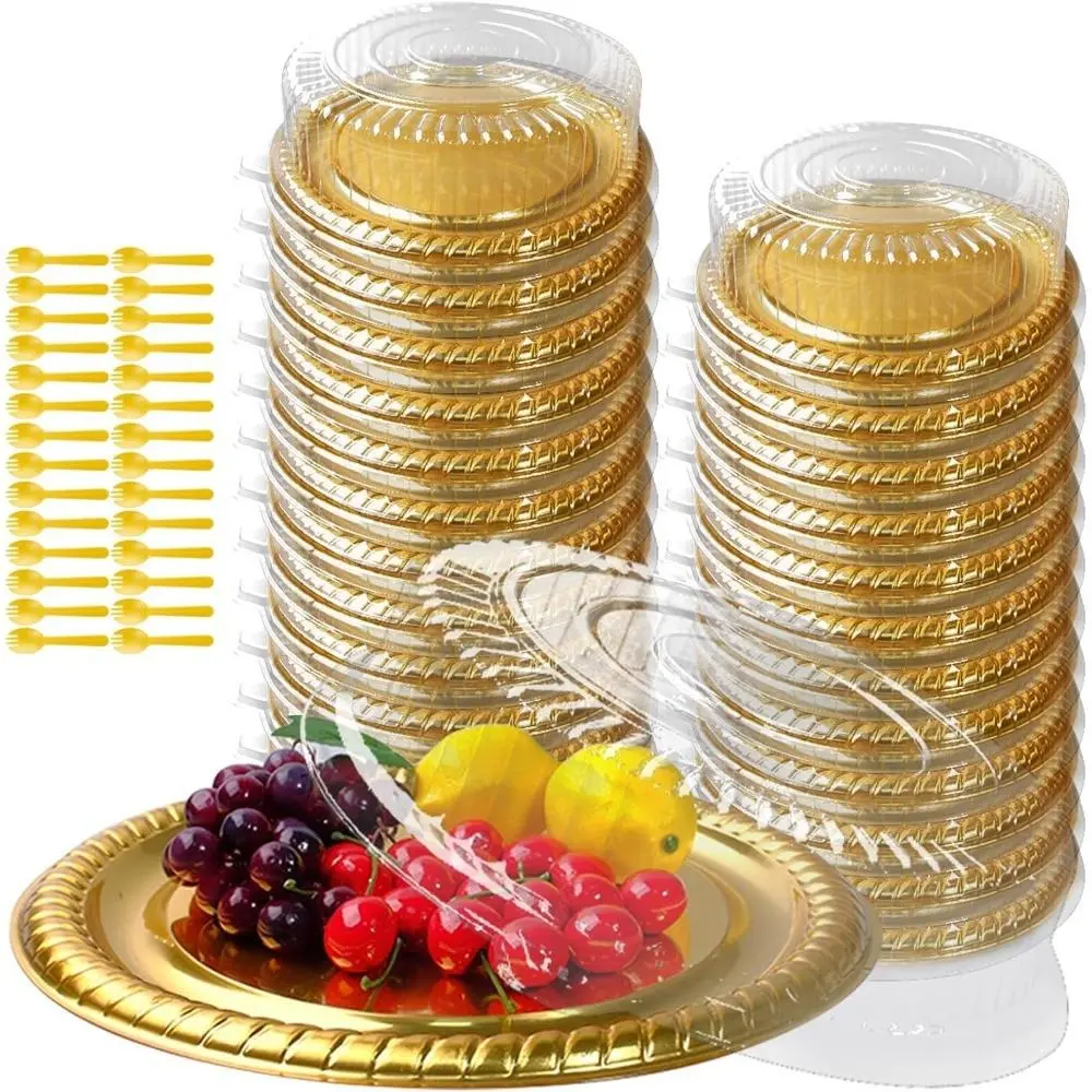 28 Pcs Plastic Serving Tray with Lid and Spoons Elegant Catering Platters Heavy Duty Round Disposable Containers Stackable Gold Serving Trays for Party Cake Sandwich Food Takeout (12 Inches)