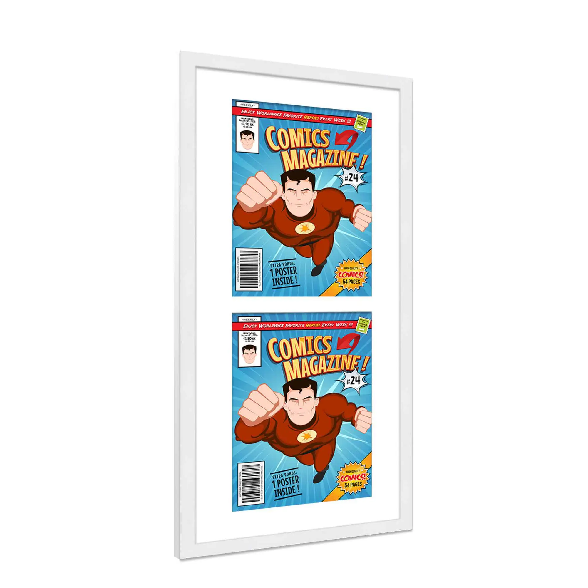 Comic Book Frame with Mat for 2 Bronze Age Comics Published Between 1970 and 1985 - White Wood Comic Frame With White Mat for 7.25x10.5 Comics - 11.25x24 Frame Size