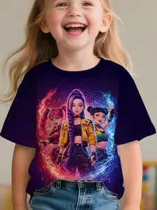 K-Pop Girls' T-Shirt, 3D Flame Group Print, Trendy Loose Fit Top, Summer Streetwear, Casual Short Sleeve Tee, Kids Fashion
