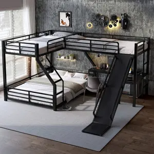 Triple Bunk Bed with Slide, L-Shaped Twin XL over Queen Bunk Bed with Twin Size Loft Bed, Heavy-Duty Metal Triple Bunk Bed with Slide and USB Ports, Space-saving and Noise-free Design, Black