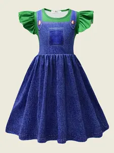 Digital Print Denim Color Dress for Girls, Stylish Casual Dress with Flutter Sleeves for Everyday Wear