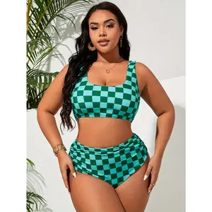 Plus Size Green Checkered Bikini Set – High Waisted Two Piece Swimsuit with Square Neck Crop Top for Beach Vacation