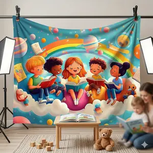 1pc, Children Reading on a Cloud in Space Background Decoration Background Photo Props, Polyester Banner Decor, Home Decor, Room Decor,  Party Background , / supplies/ gifts Decorative Background