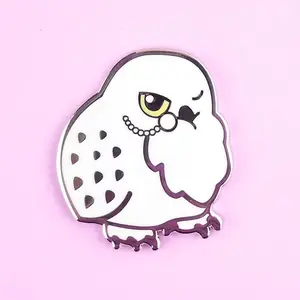 Tea Time Snowy Owl Hard Enamel Pin with Glitter Monocle and Rubber Backing, Fashion Accessories