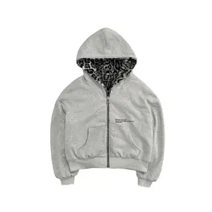 Women's Double-Sided Loose Zip Hoodie Leopard Print Retro Hip-Hop Casual Sweatshirt with Flap Pockets
