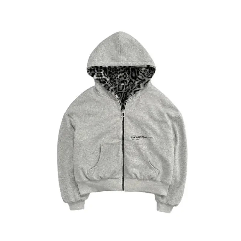Women's Double-Sided Loose Zip Hoodie Leopard Print Retro Hip-Hop Casual Sweatshirt with Flap Pockets