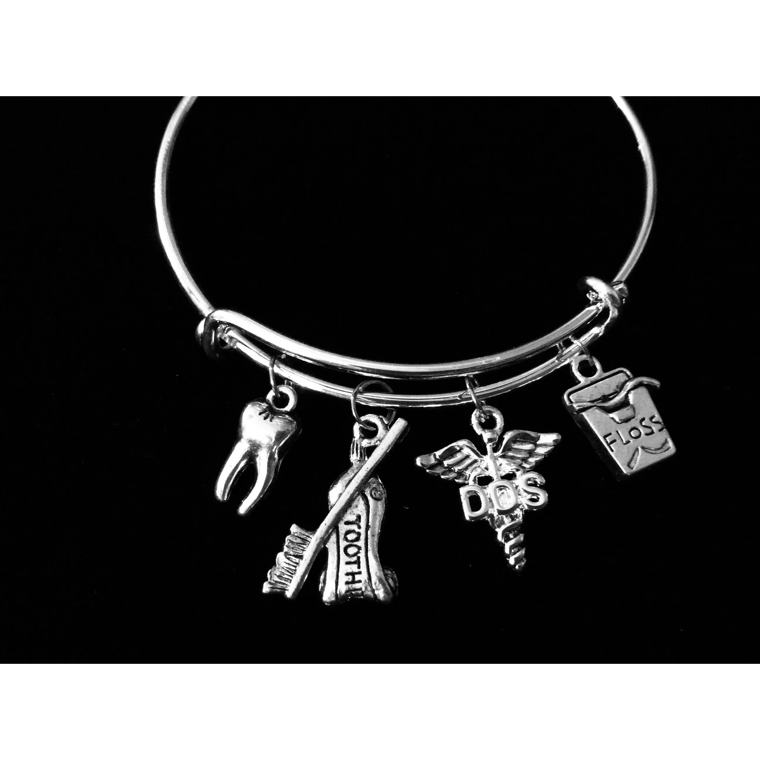 DDS Doctor of Dental Surgery Dentist Jewelry DDS Expandable Charm Bracelet Silver Tooth Floss Toothpaste Toothbrush Adjustable Wire Bangle One Size Fits All