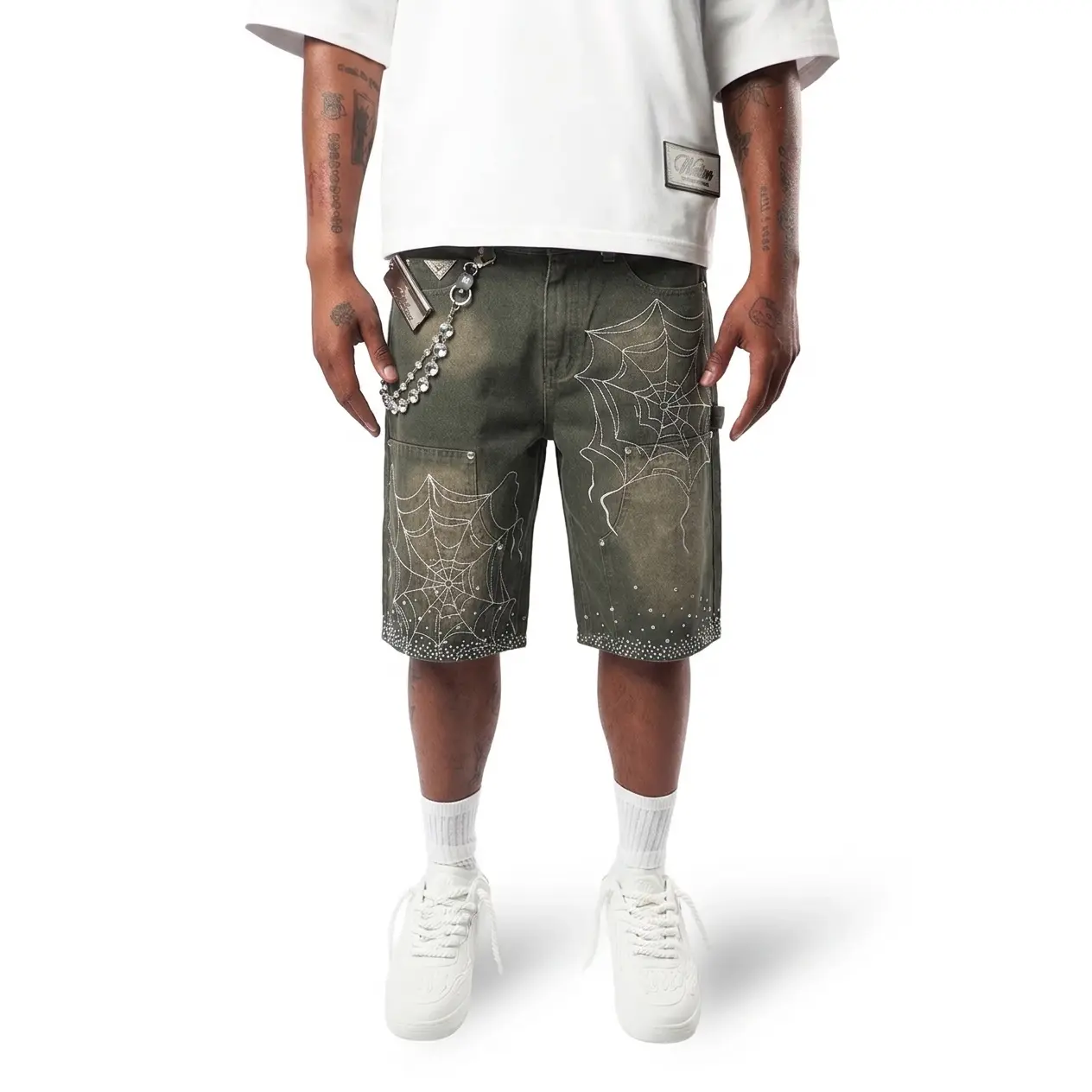 WATSON SPIDERWEB SINGLE STITCHED OLIVE DENIM SHORTS