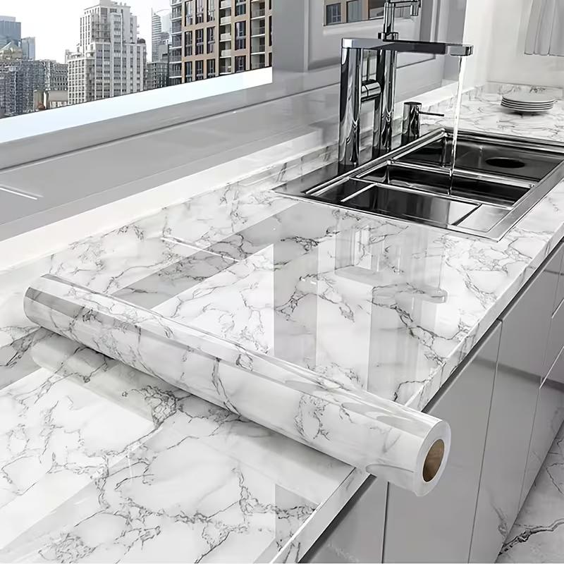 Smooth marble contact paper, granite white/gray, kitchen countertop cabinet furniture renovation wallpaper, thick removable wallpaper, peelable, washable, waterproof, matte marble self-adhesive wallpaper