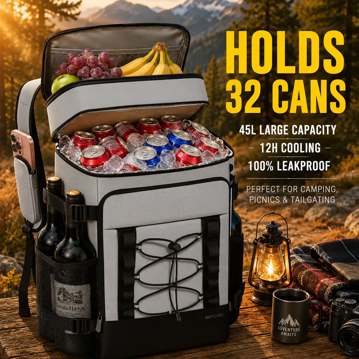 SANNYDATING 45L Insulated Cooler Backpack, Dual Compartments 100% Leakproof Backpack Cooler, 12H Cooling 6H+ Heat Retention, Waterproof Cooler Bag with Bottle Opener Wine Holders for Camping Hiking Beach Picnic Outdoor Men Women large