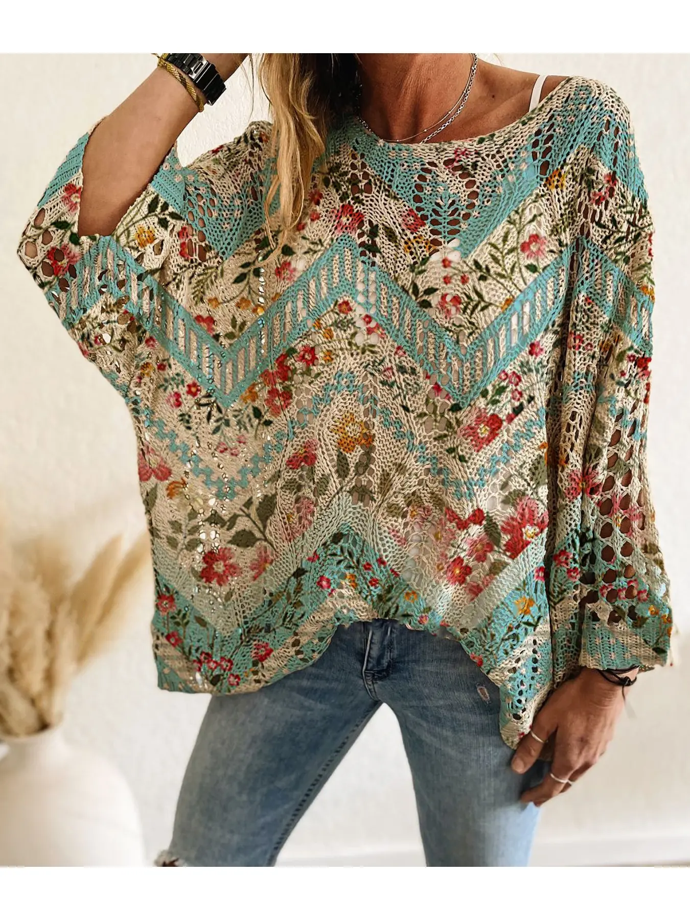 Spring/Summer style, boat neck, diamond hollow out, batwing shoulders, loose fit, color-block fruit print, long-sleeve women's knit top, Casual jumper, Casual fashion knitwear, vacation style, casual commute