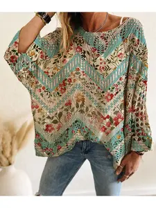 Spring/Summer style, boat neck, diamond hollow out, batwing drop shoulders, loose fit, color-block wavy fruit print, long-sleeve women's knit top, vacation style, casual elegant commute, ladies' vest cover-up, bikini cover-up, Knitwear