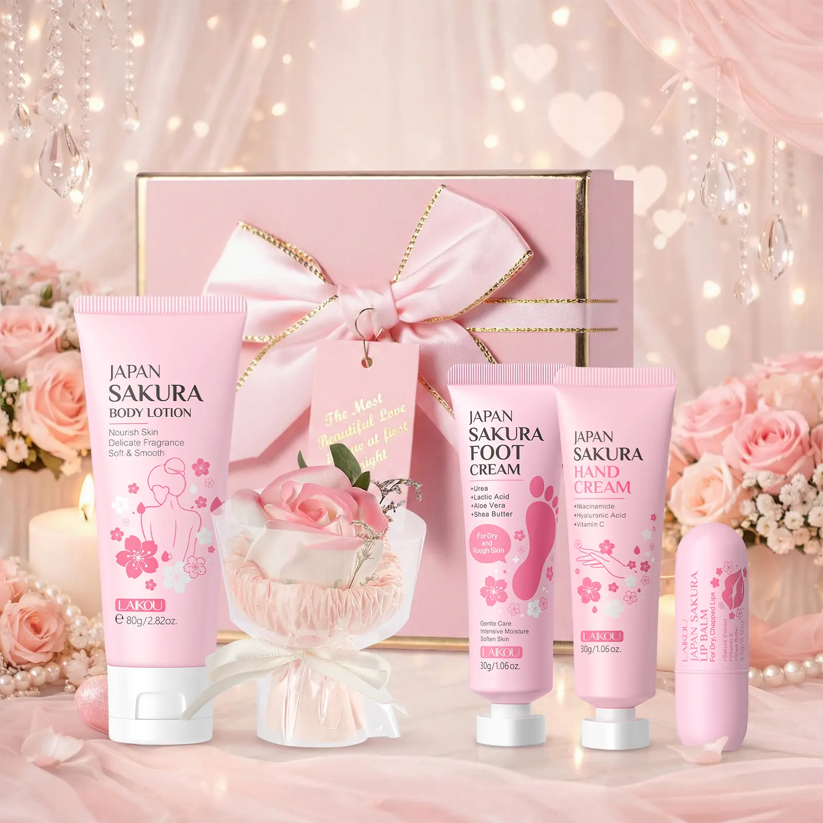 LAIKOU Sakura Body Care Gift Set, Including  Lip Balm, Hand Cream, Foot Cream, Body Lotion, Perfect for Birthdays Or Weddings, Suitable for Sisters, Mothers, And Teenage