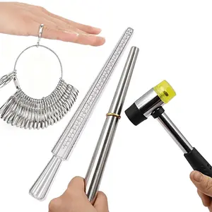 A Set of 4 Pcs Jewelry Making Kit,Including Steel Ring Sizing Gauge Sizers Set,Rubber Jeweler's Mallet Hammer,Metal Finger Size Stick,Wire Wrap Rings Tools,DIY Hand Tools Kits