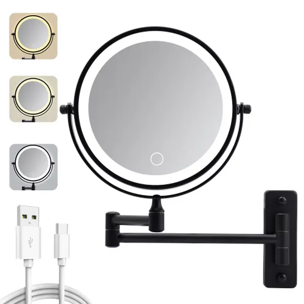 【New】NookNova New Arrival Wall Mounted Lighted Makeup Mirror, 1000mAh Rechargeable Double Sided 1X/10X Magnifying Vanity Mirror, 3 Color Touch Dimmable Lights, 360 Rotation Extendable Arm Bathroom Cosmetic Shaving Mirror