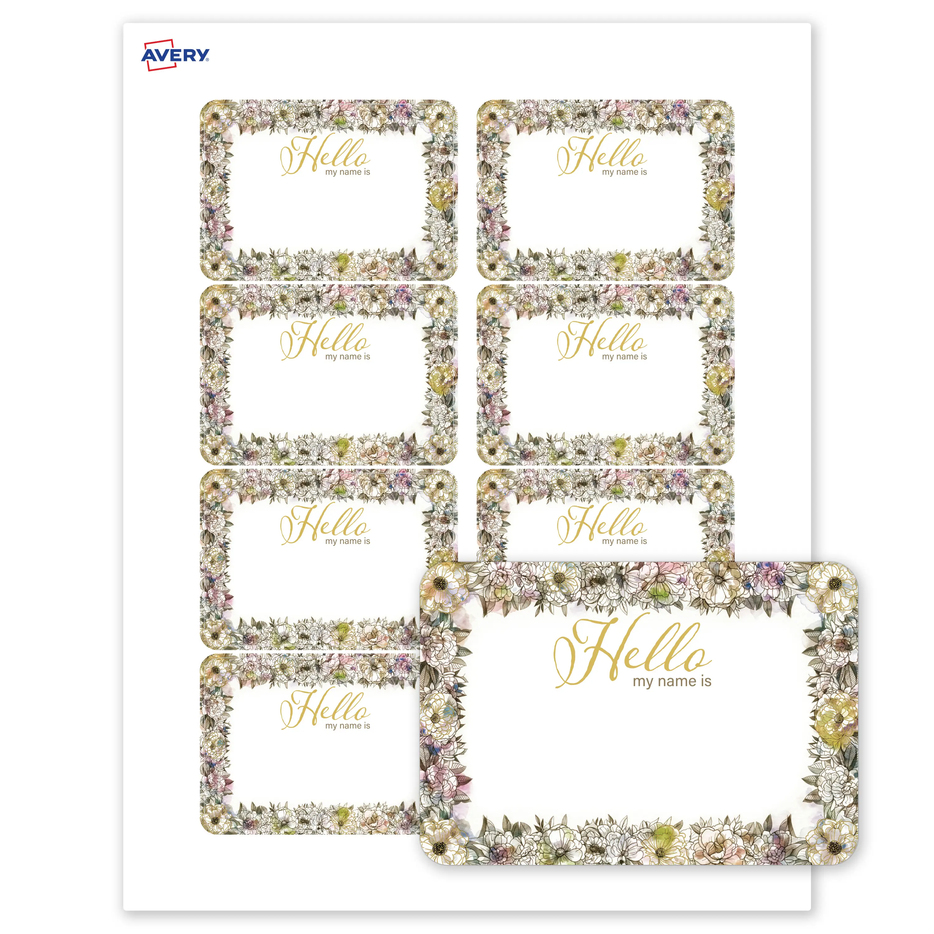 Avery Printable Adhesive Name Tags, 2-1/3" x 3-3/8", Pre-printed Floral Frame & Metallic Gold Hello My Name Is Design, 80 Total