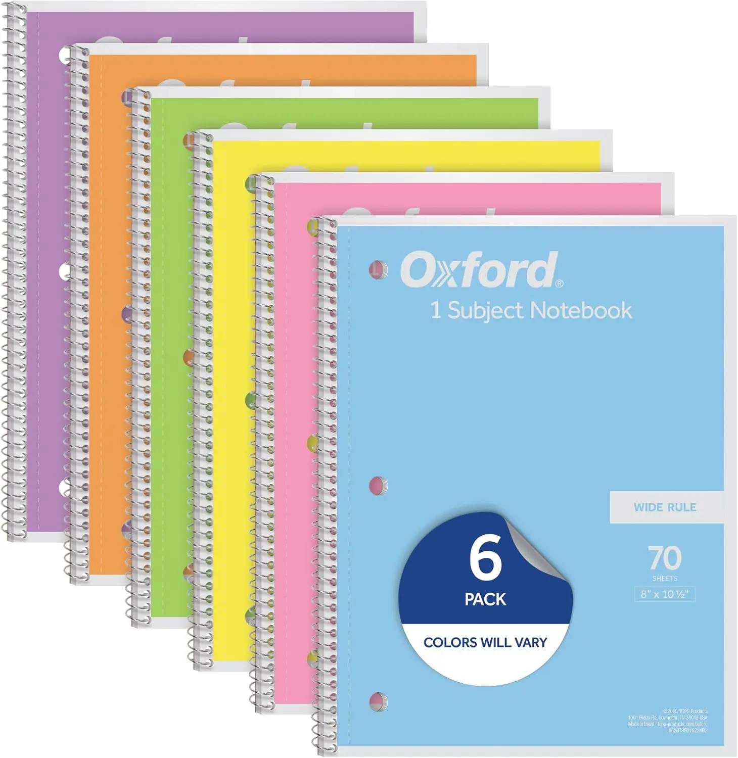 Oxford Spiral Notebook 6 Pack - 1 Subject, College Ruled Paper, 8 x 10.5 Inch, Assorted Colors, 70 Sheets Each - Back to School Essential