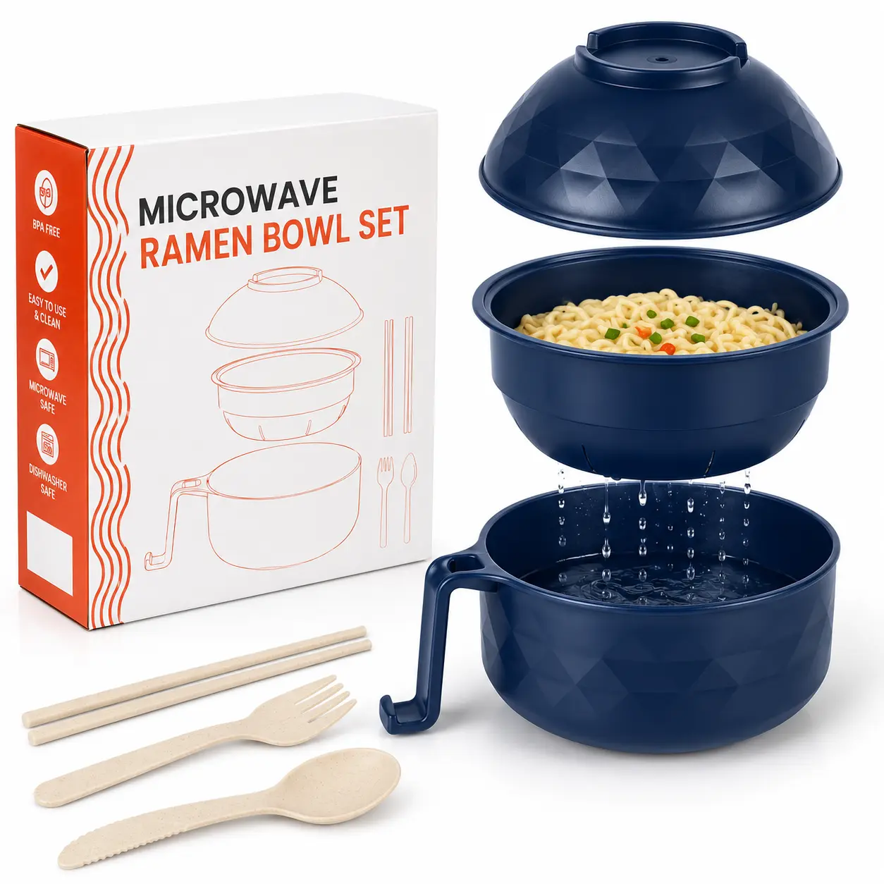 Microwave Ramen Bowl Set with Chopsticks and Spoon — BPA-Free Noodle Cooker with Strainer Lid, Dorm Room Essential