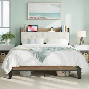 LIKIMIO Queen Bed Frames, Storage Headboard with Charging Station, Solid and Stable, Noise Free, No Box Spring Needed, Easy Assembly, Wood and Cream