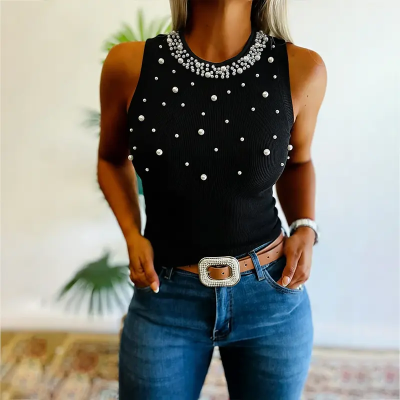 CHICME Women's Pearls Slim Fit Tank Top Sleeveless O-neck Ribbed Knit Tee