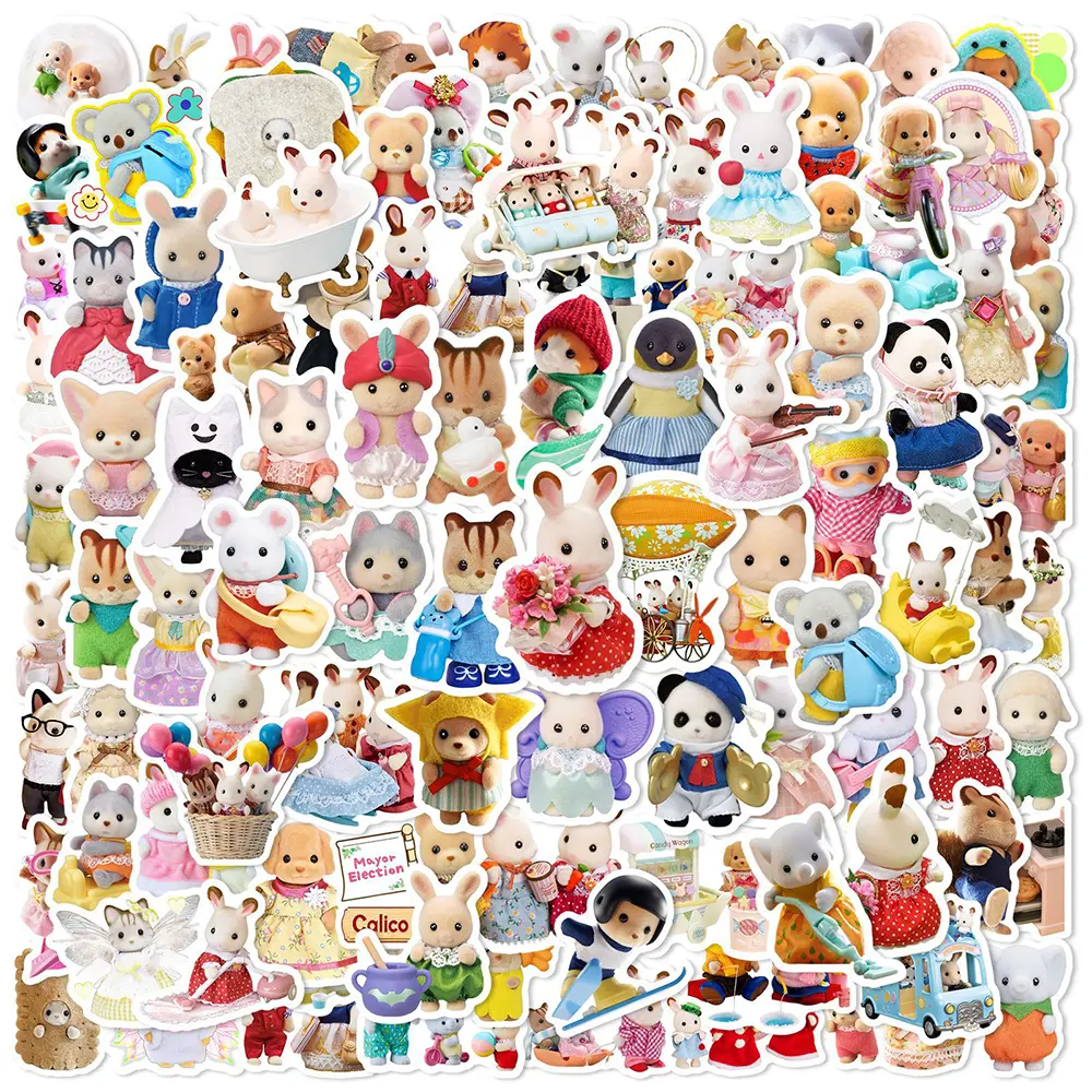 Kawaii Sylvanian Families Cartoon Waterproof Decorative Stickers (10pcs/30pcs/50pcs/100pcs) - Kids' DIY Home Supplies for Laptop, Phone Decor