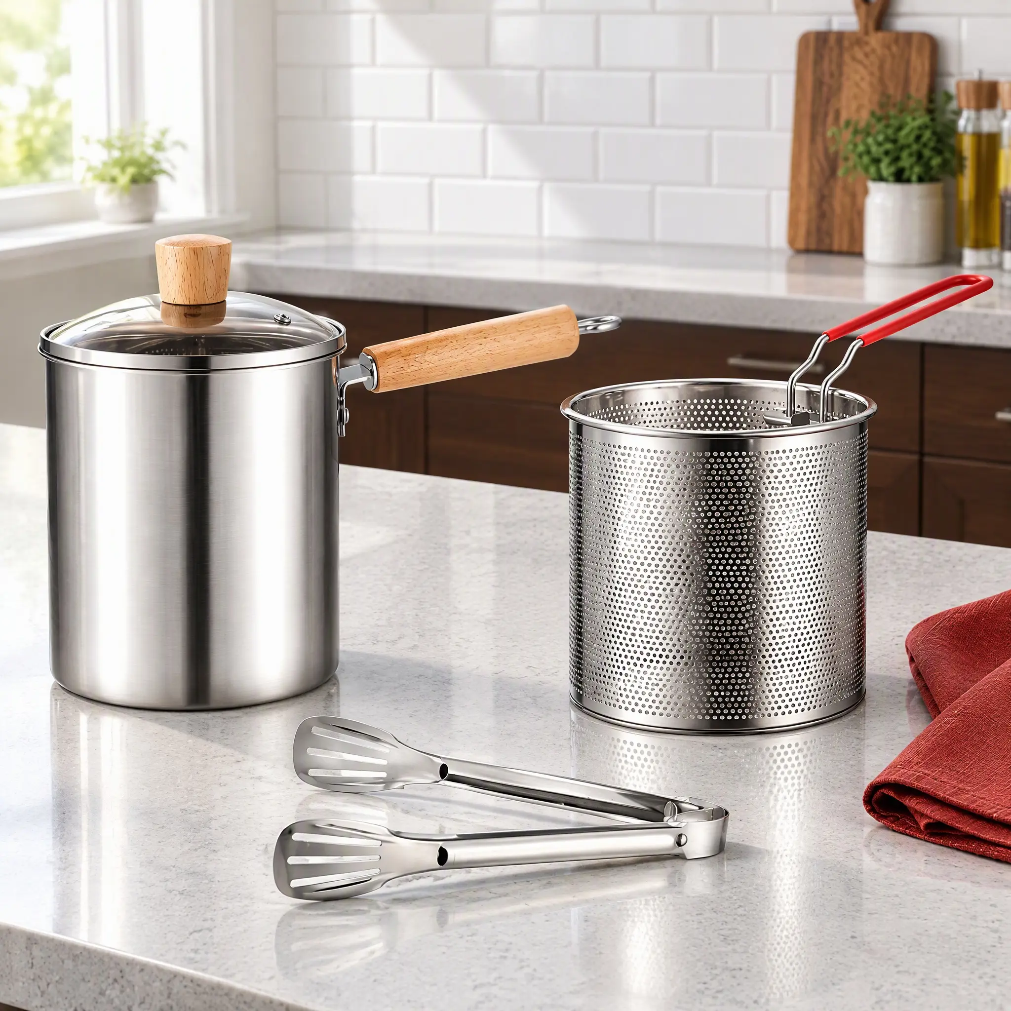 3L Deep Fryer Pot with Fry Basket & Glass Lid, Stainless Steel Small Cooking Pot with Wooden Handle for Frying, Boiling, Steaming