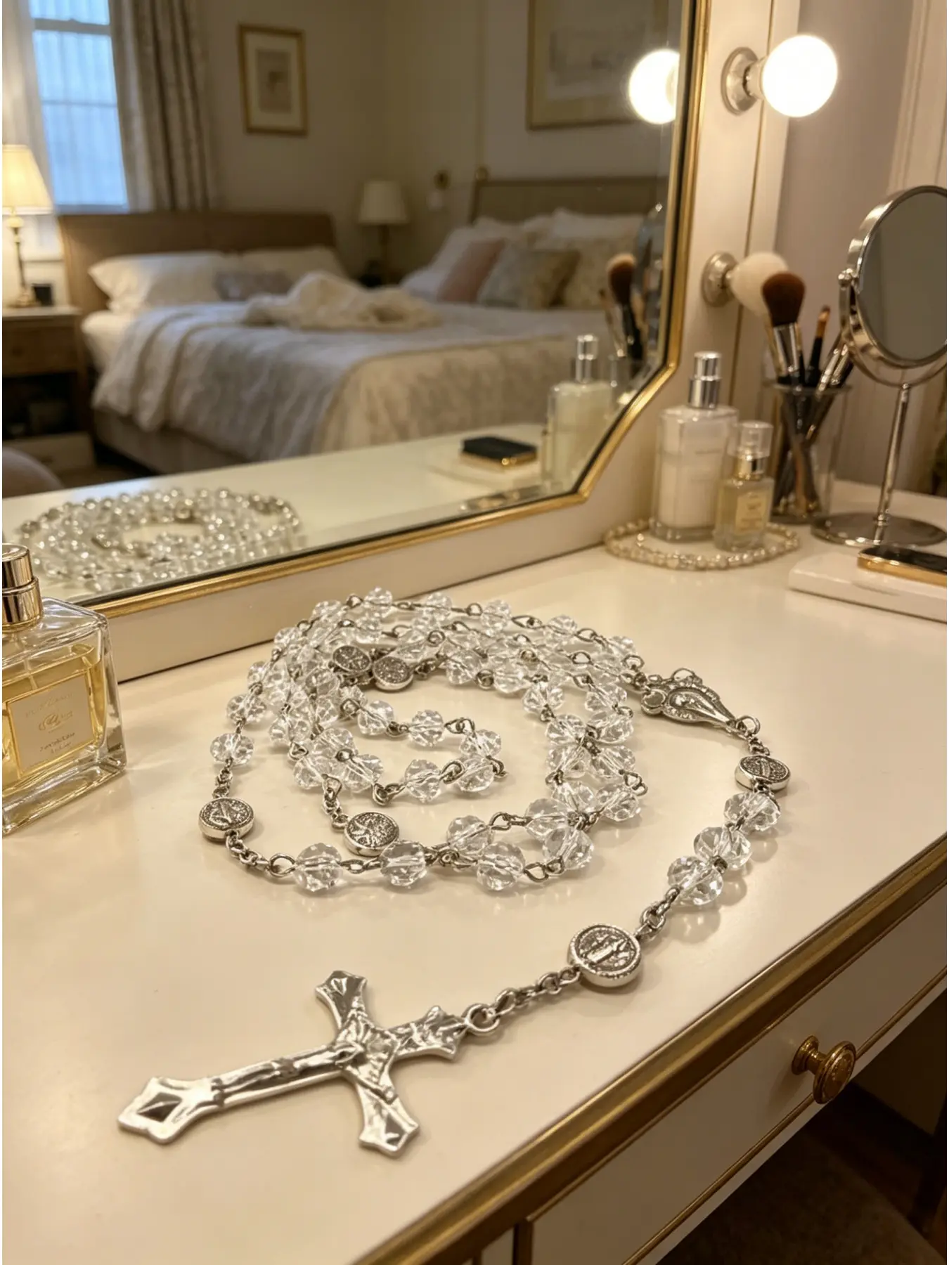 Catholic Christmas Gift: Crystal Catholic Rosary Bead Cross Necklace, Bling Necklace, Accessory Necklace, Suitable for Christmas, New Year. A holiday gift for ladies and gentlemen, available in white, red, green, black, beige, and yello