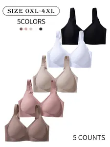 5 Pack/5 colors Plus size wireless seamless jelly women's bra, four-row four-hook adjustable strap underwear, sizes 0XL-4XL, shaping, lifting, gathering, beautiful back, suitable for daily/casual/commuting/dating, solid color plus size seamless bra