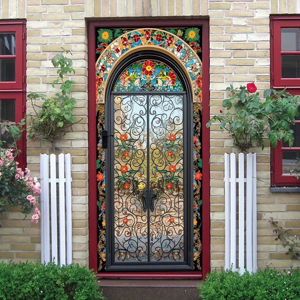 2pcs   European Retro Iron Art Pattern Decorative Wall Sticker Self Adhesive Removable Colorful Glass Door Decal for Living Room Bedroom Background Wall Corridor Shop Window Art Decor Sticker  Collage Self-Adh Decoration Items