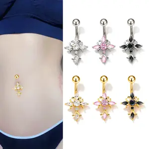 Cross-shaped navel piercing with zirconia, body piercing personalized accessory, gift for girlfriend