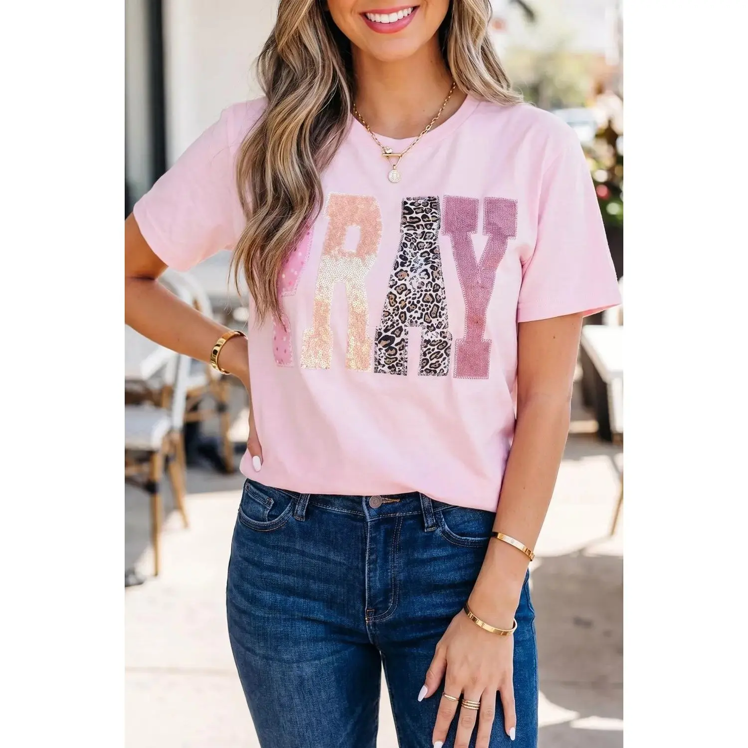PRAY Sequin Leopard Multiple Patched Graphic Tee