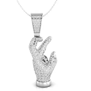 14K White Gold Plated Charm Pendant, East Side Hand Throwing Sign Pendant, Men's Hip Hop Pendant For Gift, 1.12 Ct Round CZ Stone