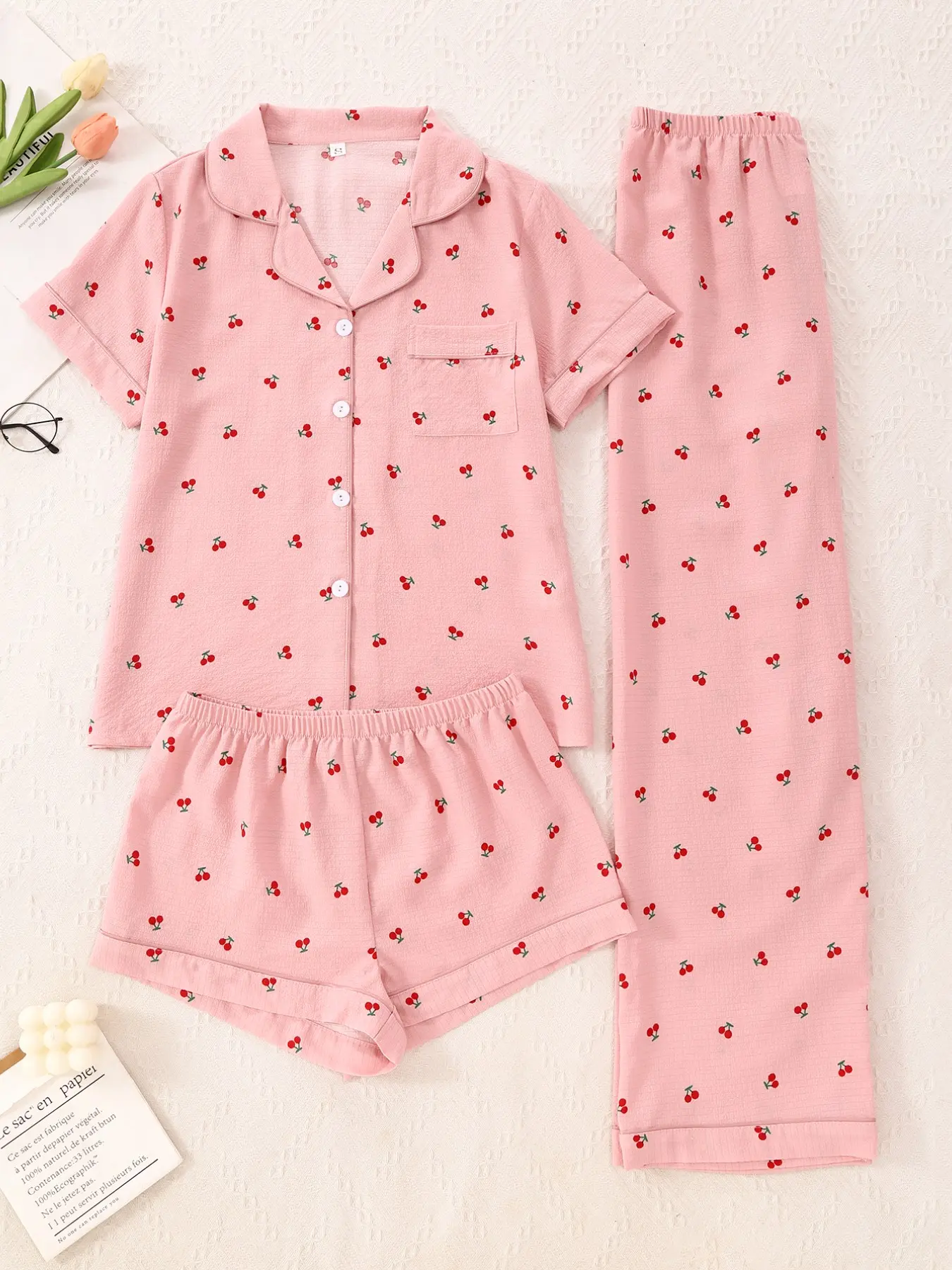 Women's 3-Piece Bubble Pleated Home Set, Cherry Print Short Sleeve Cardigan Top and Shorts Pants Sleepwear, Casual Fitted All Seasons Loungewear Pajama Set Pyjamas Pjs