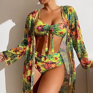 Bohemian Print Sexy Women'S Beach Bikinis Three Pieces Bikini Set Cover up Swimwear High Waisted Bikini Set Women Swimsuit 2025 MsChuh