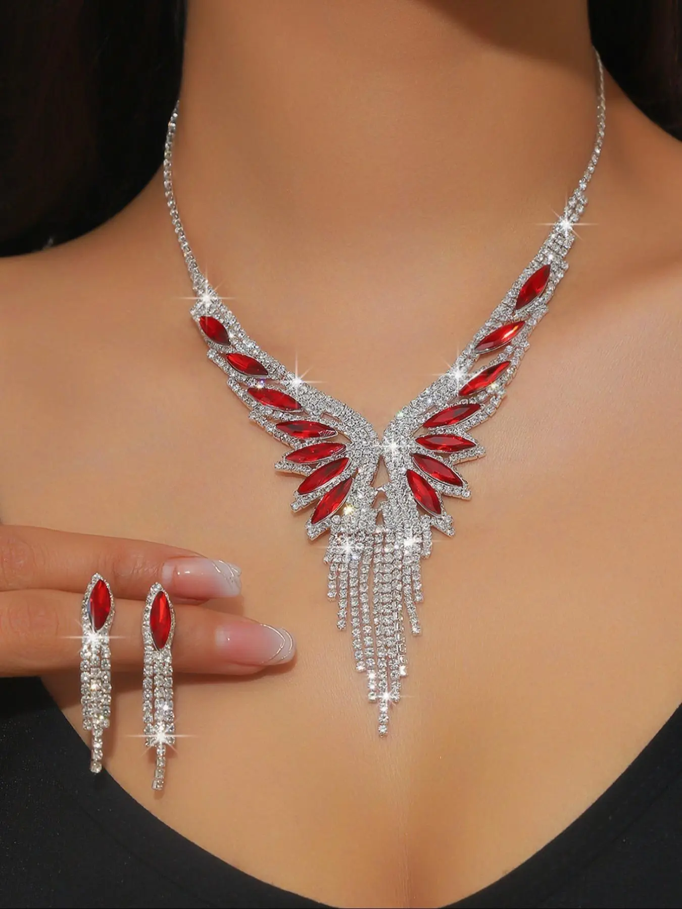 Women's Rhinestone Decorated Elegant Jewelry Set, Tassel Design Necklace & Dangle Earrings, Necklace and Earring Set, Jewellery Gift Set, for Party Decoration